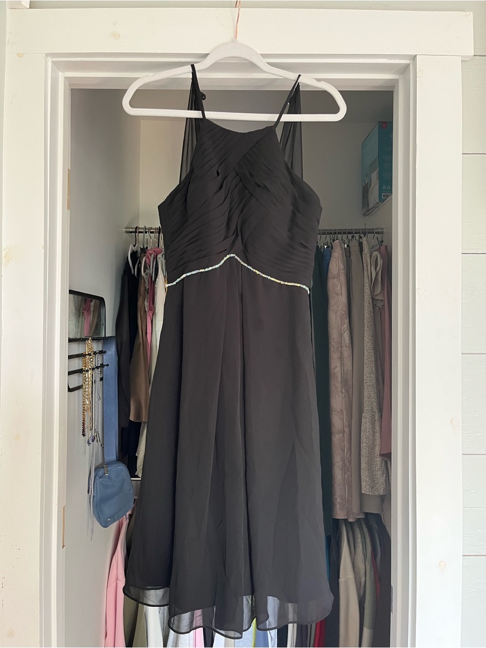 Azazie Black Midi Dress with Beaded Waist